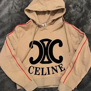 Celine Beige Hoodie with Black Logo and Red Stripes